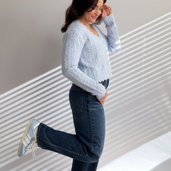 Women’s Light Blue Scalloped Cable Knit Cardigan - Picture 7 of 11